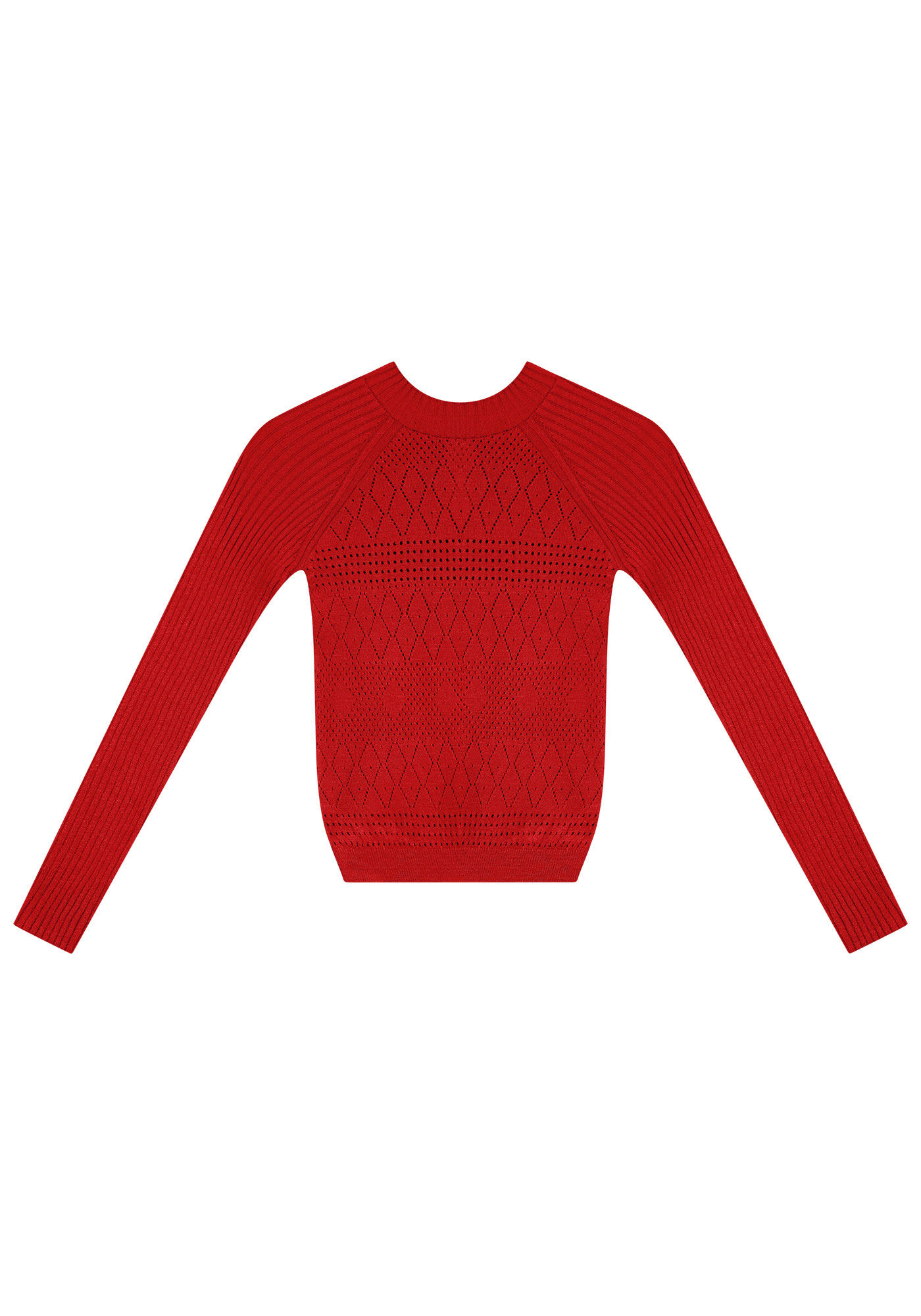 Blusa Manga Longa em Tric&ocirc; com Detalhe Trama, VERMELHO FLAMINGO, large.