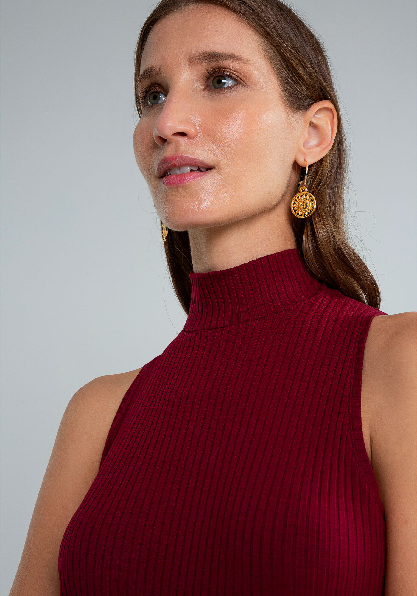 Vestido M&iacute;di Gola Alta Canelado, BORDO, large.