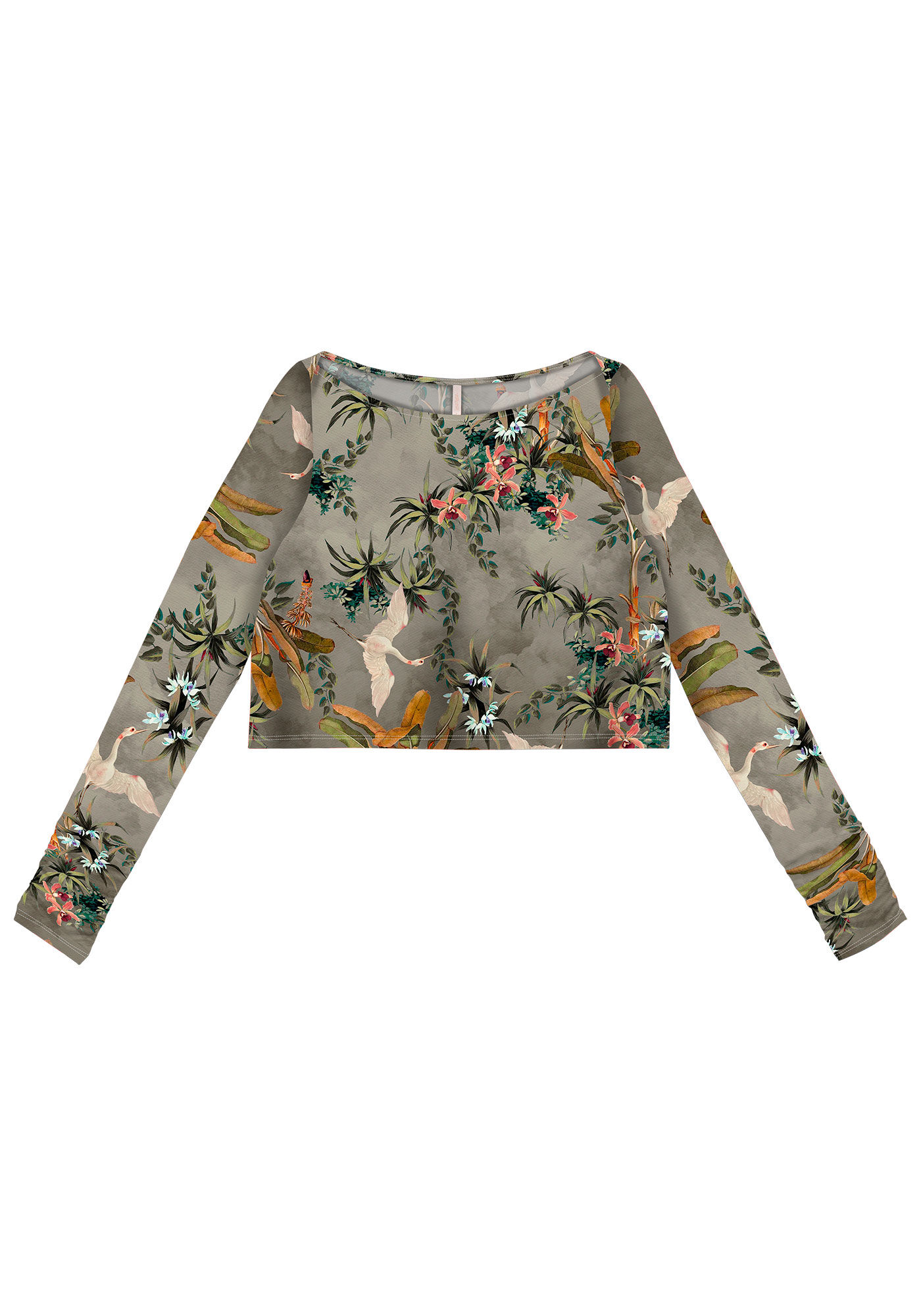 Blusa Manga Longa Cropped Estampada com Franzido, , large.