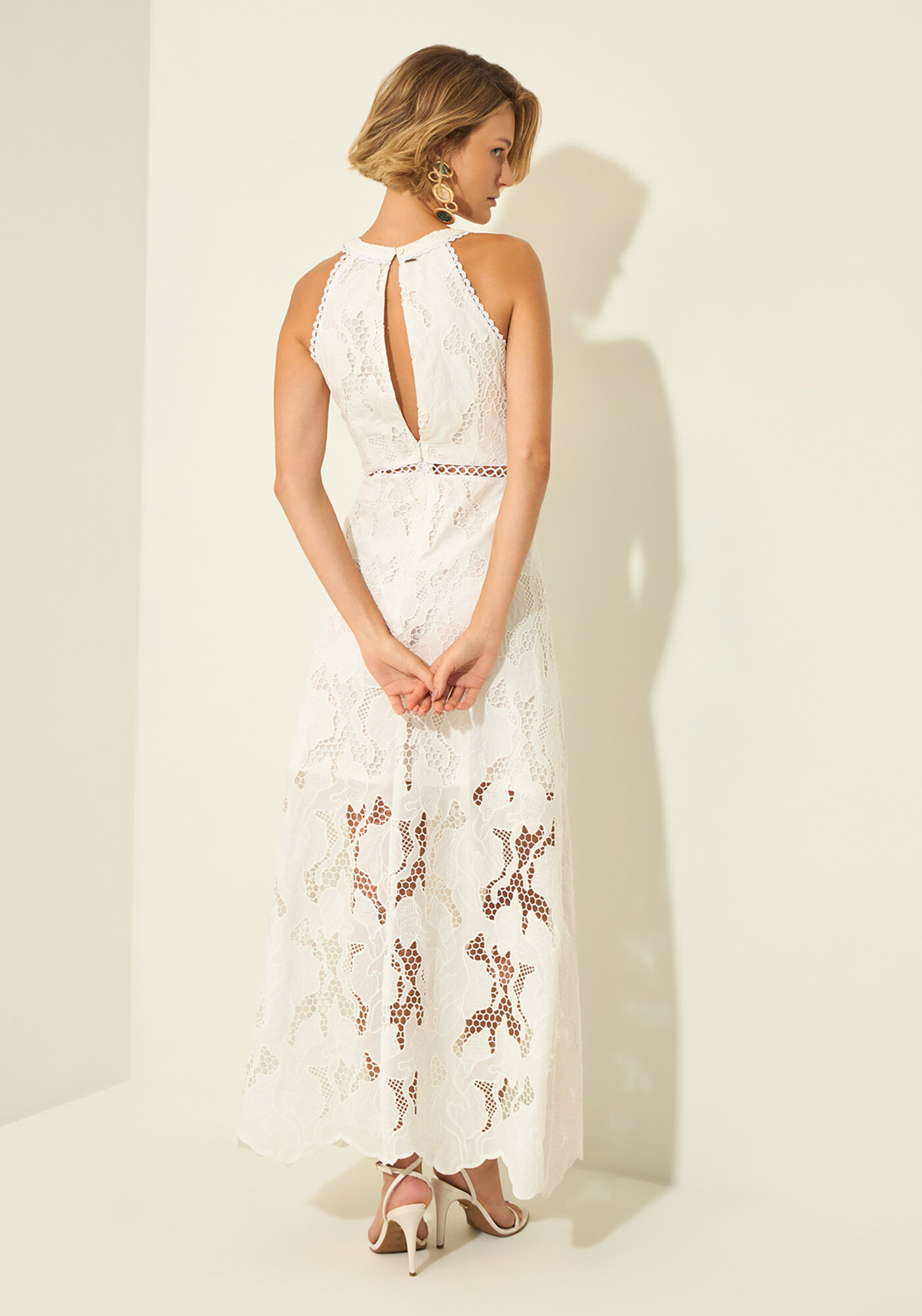 Vestido Longo Em Laise Sem Mangas, BRANCO, large.