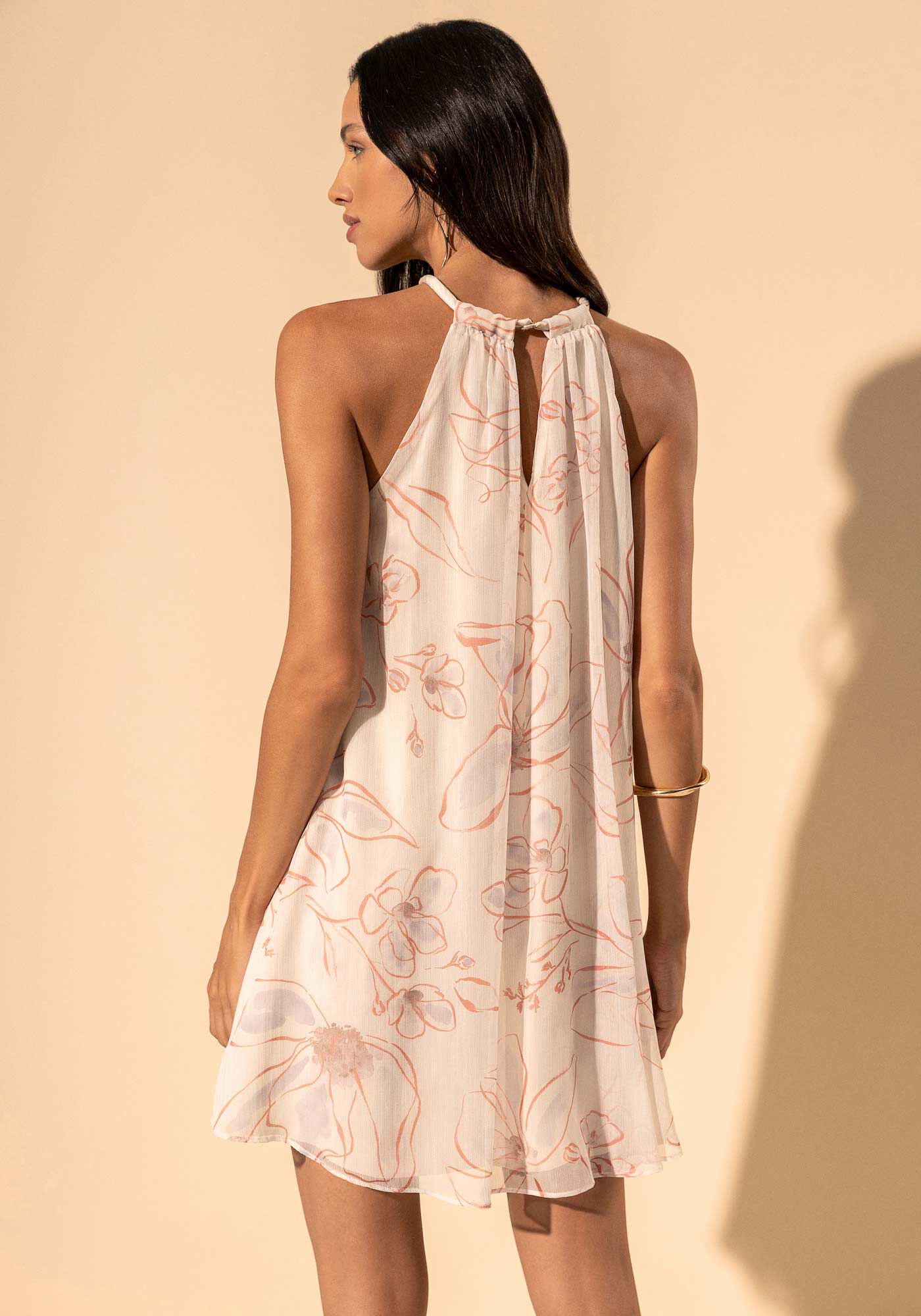 Vestido Curto Estampado Fluido Com Transpar&ecirc;ncia, FLORADA BEGE, large.