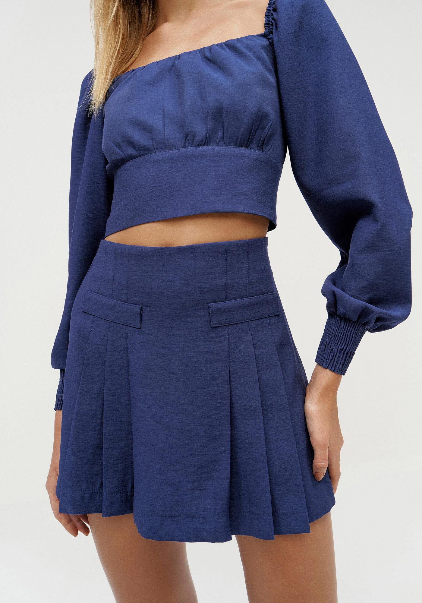 Shorts-Saia Cintura Alta com Pregas, AZUL AZULON, large.