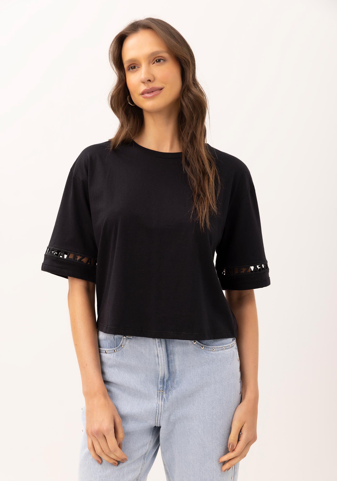 T-shirt Oversized com Bordado Vazado Manga, , large.