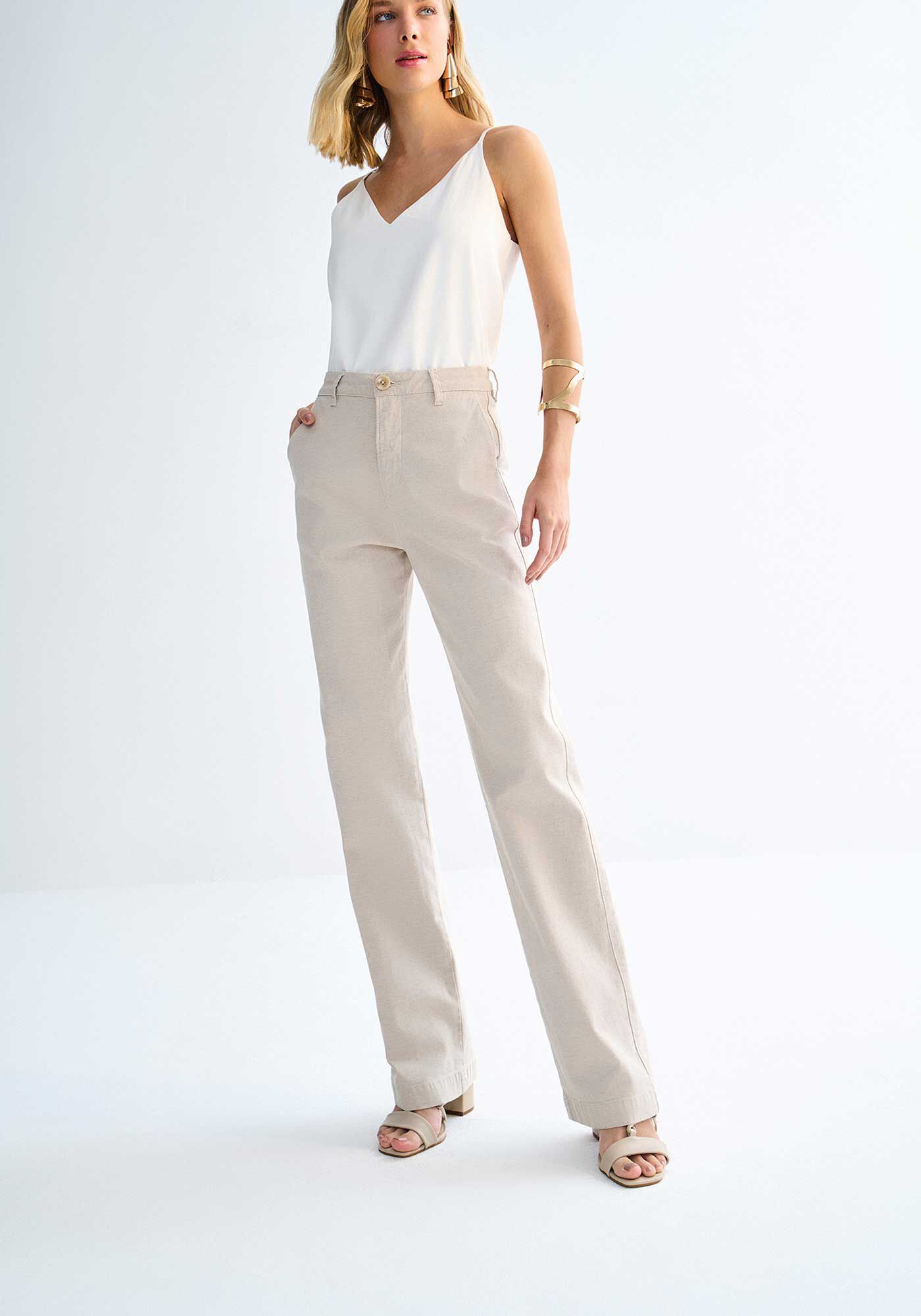 Cal&ccedil;a Sarja Reta Alfaiataria Cintura Alta com Linho, , large.