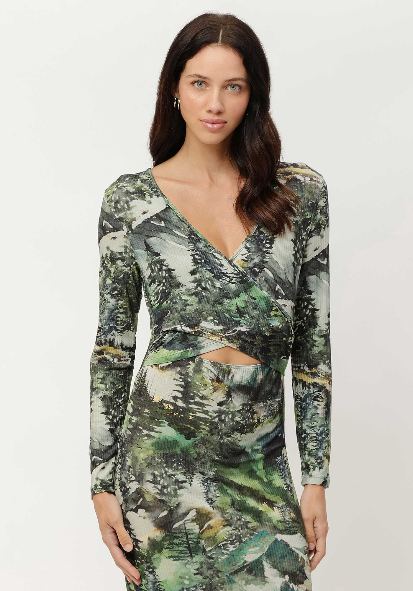 Vestido Midi Manga Longa Canelado Estampado, , large.