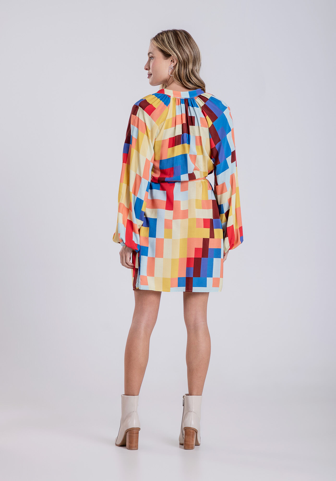 Vestido Curto Manga Bufante e Cinto, BALAO, large.