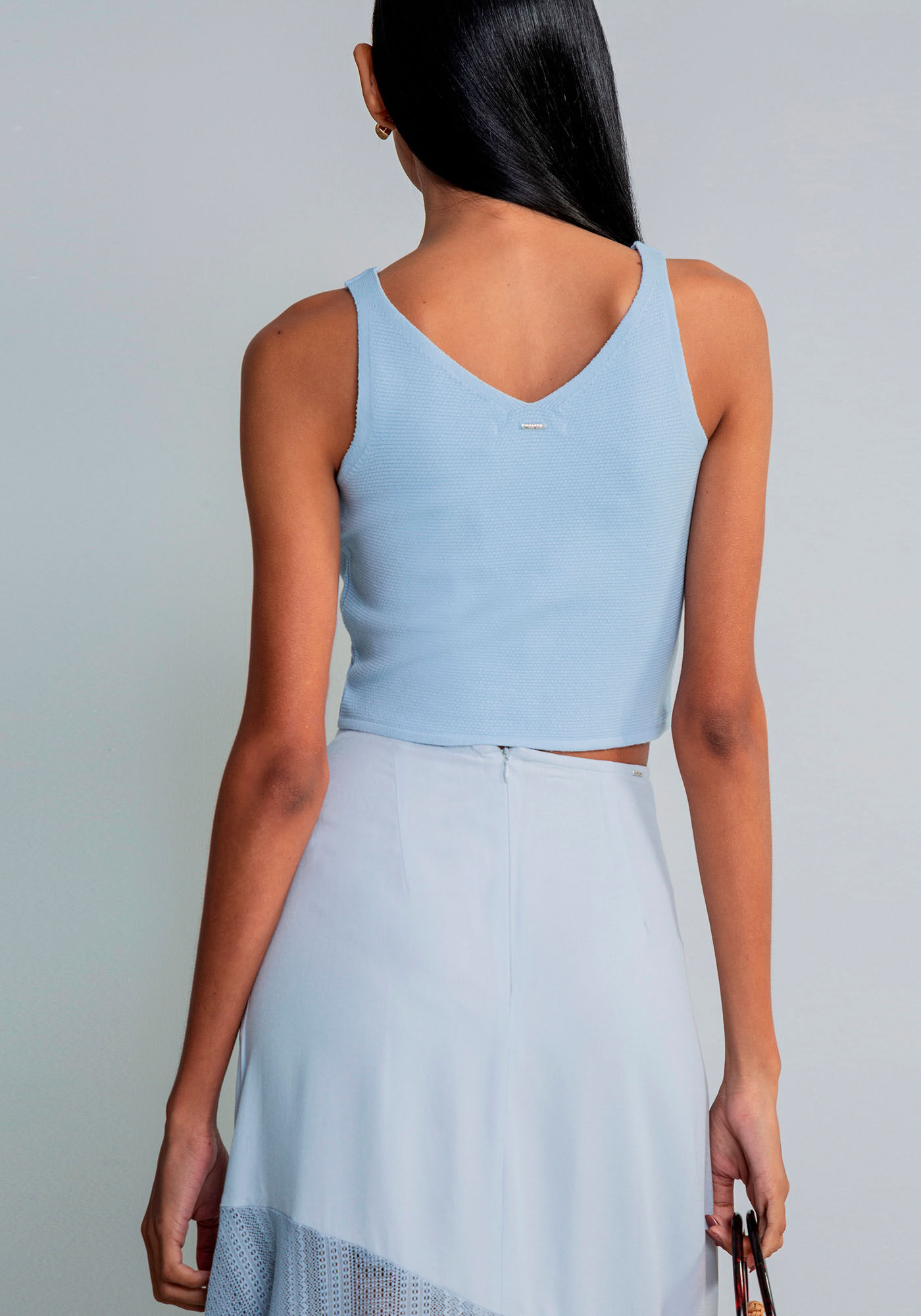 Blusa com Al&ccedil;as Decote V Tric&ocirc;, AZUL, large.