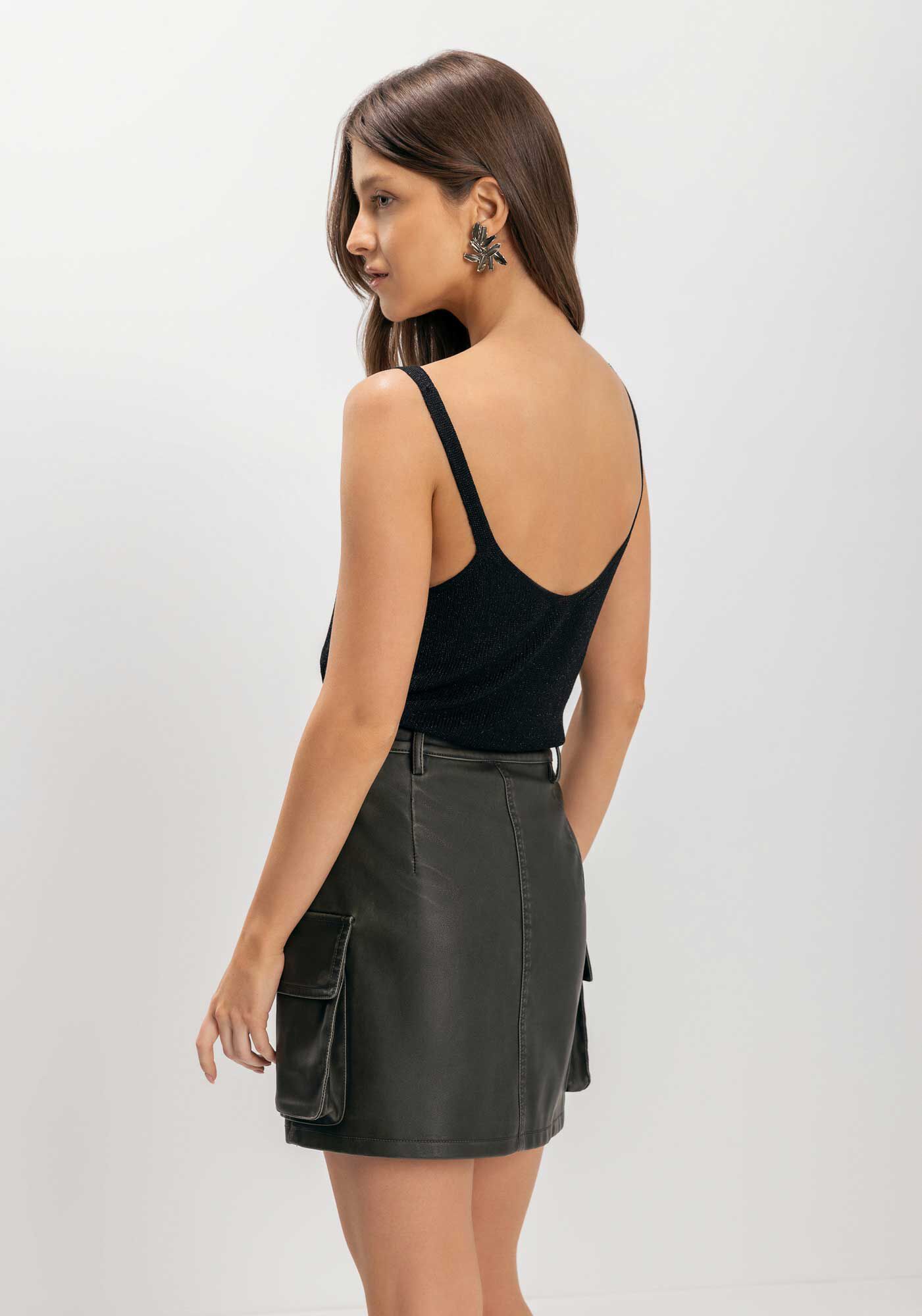 Saia Curta De Cintura Alta Com Bolso Cargo Em PU Lavado, , large.