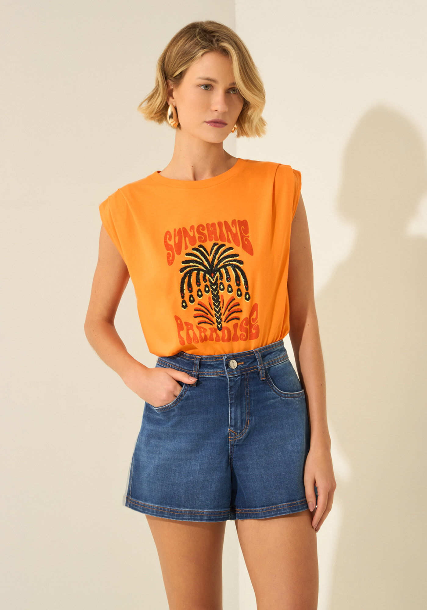 T- shirt De Algod&atilde;o Penteado Com Estampa Localizada, LARANJA SUMMERTIME, large.