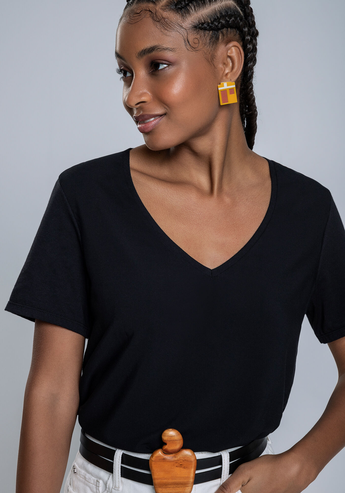 Blusa Manga Curta em Meia Malha com Decote V, , large.