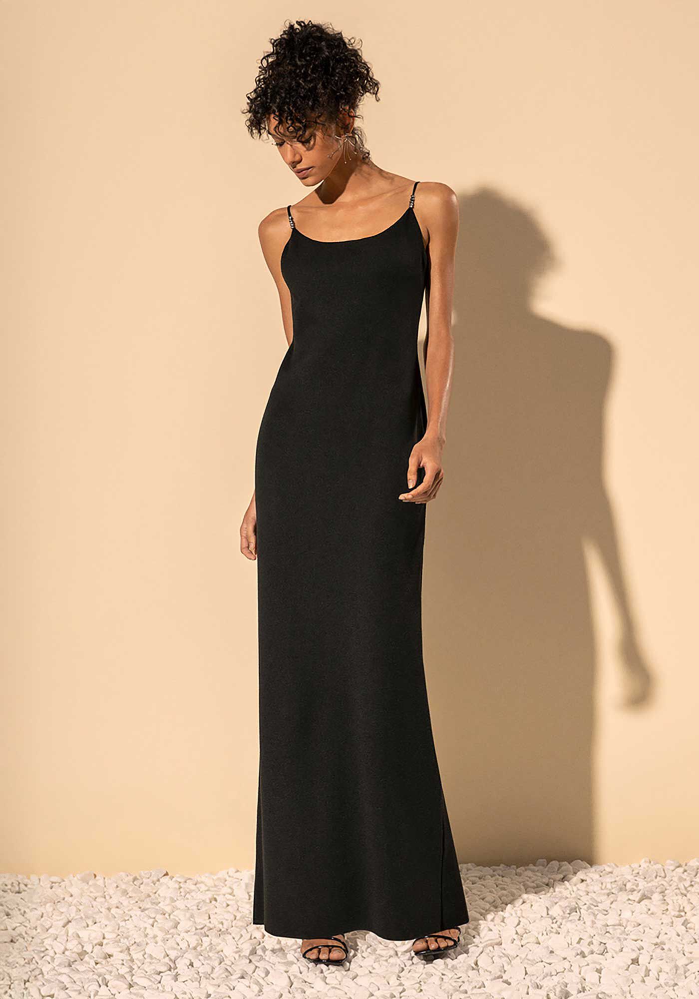 Vestido Longo De Al&ccedil;as Com Decote Nas Costas Em Malha Tric&ocirc;, PRETO, large.