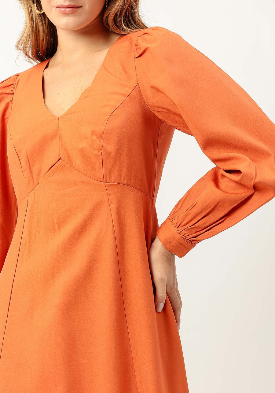 Vestido Longo com Manga Longa Bufante, LARANJA  RADIANTE. Vestido Longo com Manga Longa Bufante, LARANJA  RADIANTE, large.