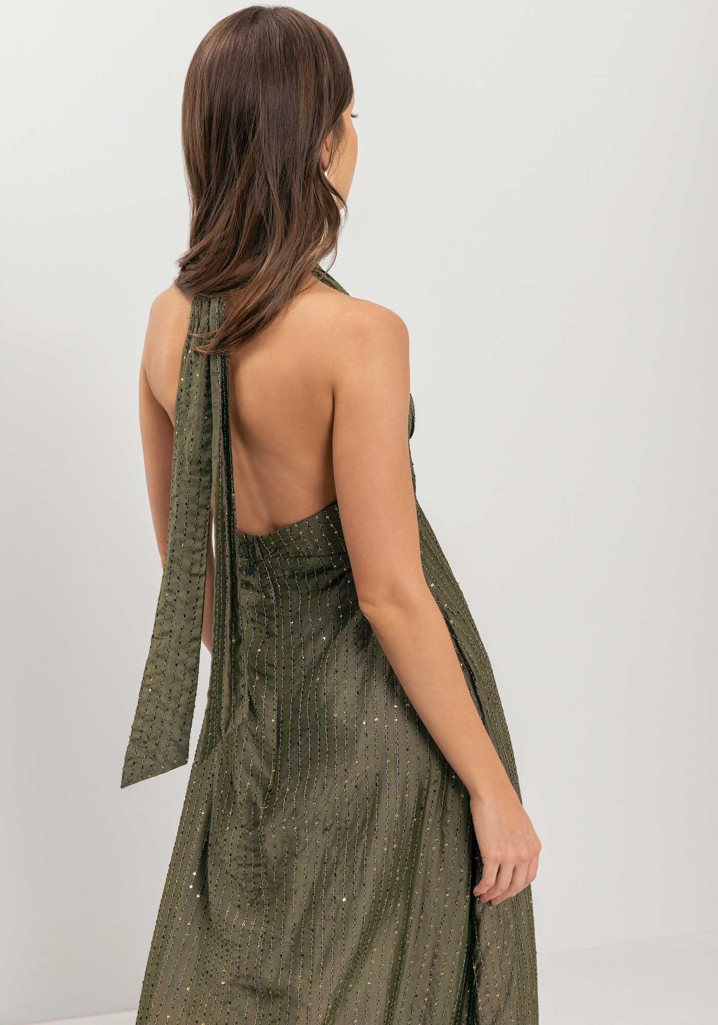 Vestido Longo Frente &Uacute;nica Com Amarra&ccedil;&atilde;o E Paet&ecirc;s, VERDE AZEITONA, large.