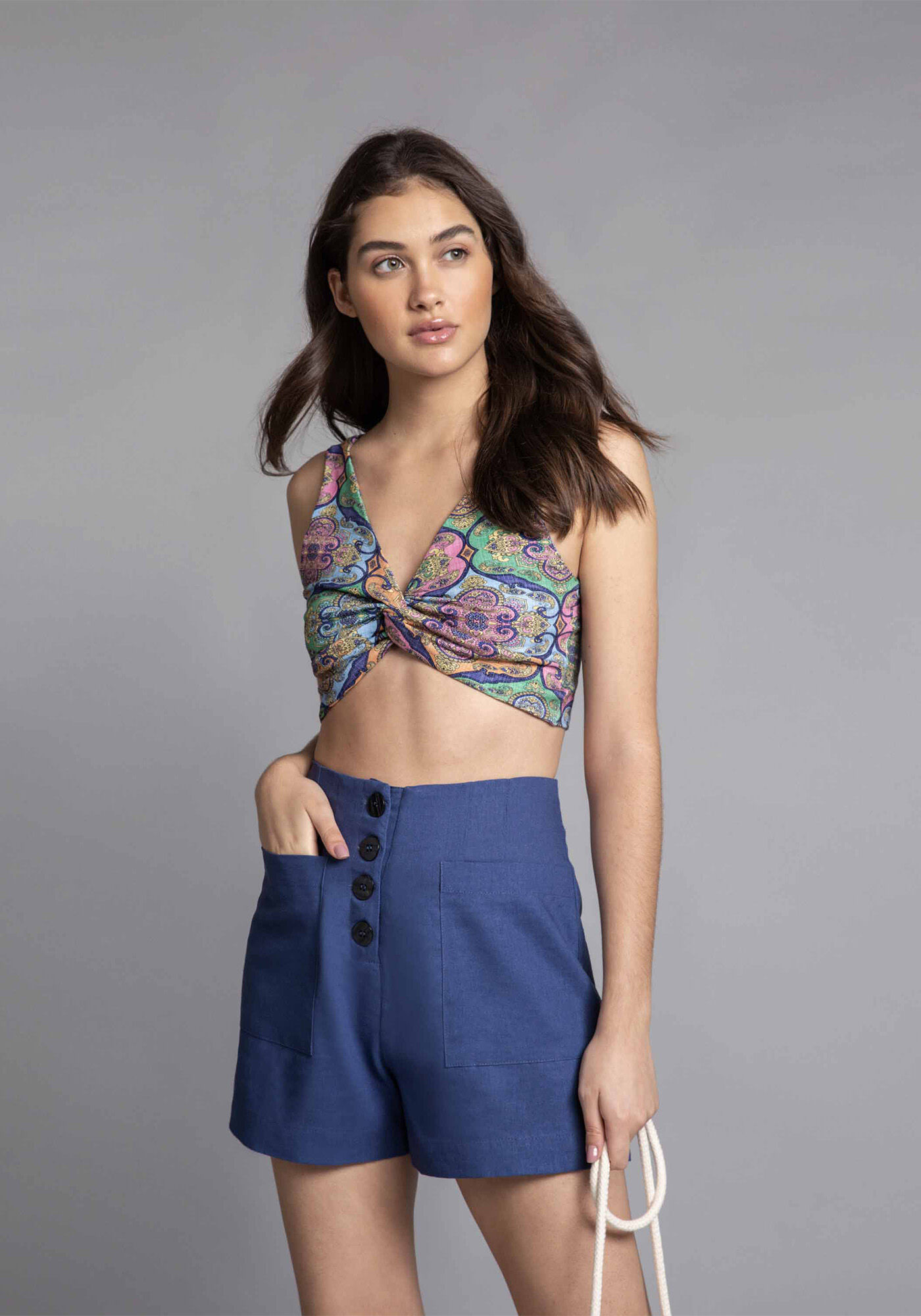 Shorts Linho com Bot&otilde;es Marinho Stella, , large.