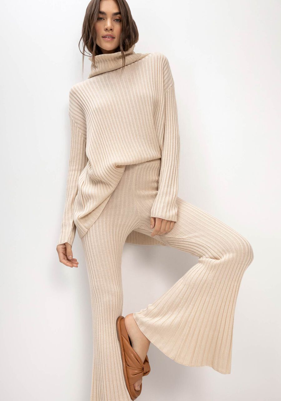 Calça Flare em Tricô com Cintura Alta, . Calça Flare em Tricô com Cintura Alta, , large.