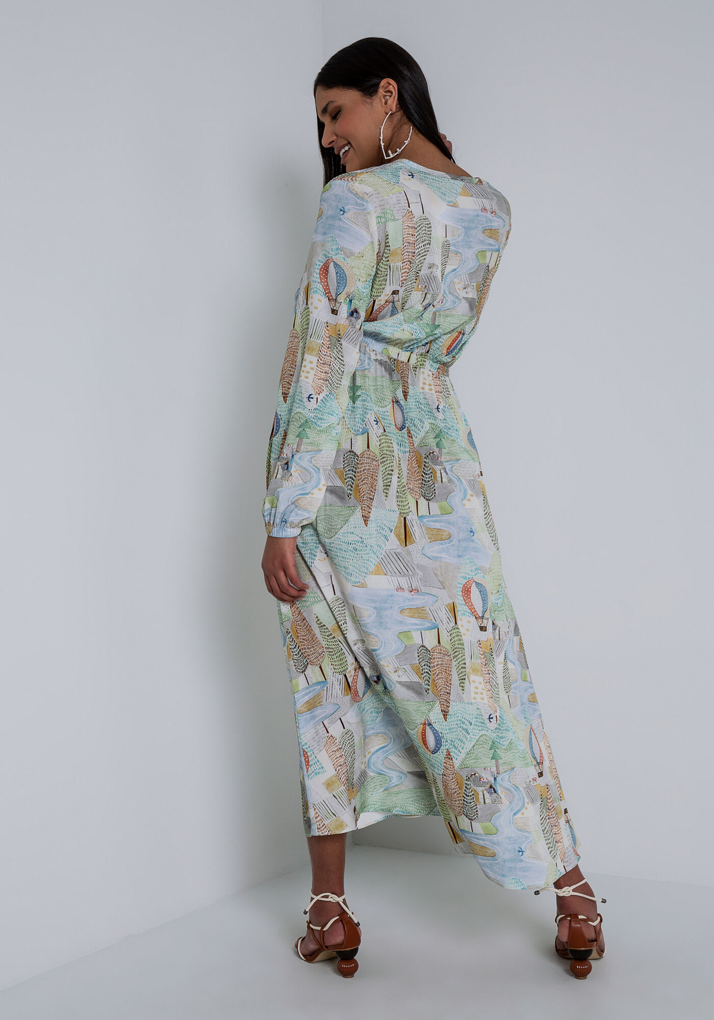 Vestido Midi Manga Longa em Viscose Estampado, FLUTUAR, large.