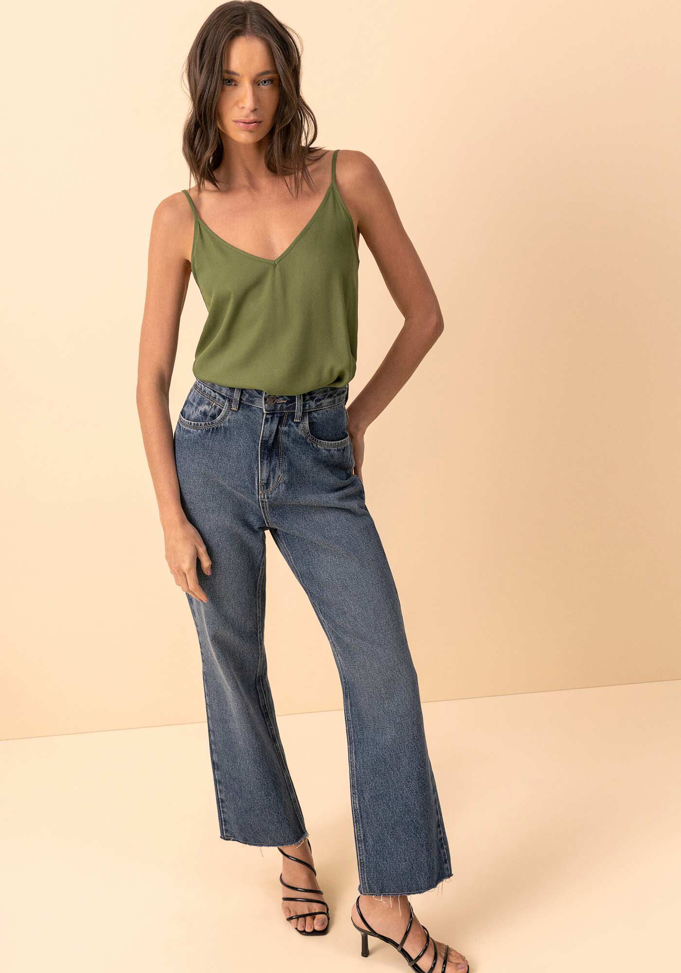 Cal&ccedil;a Jeans Reta Cropped Com Cintura Alta E Barra A Fio, JEANS, large.