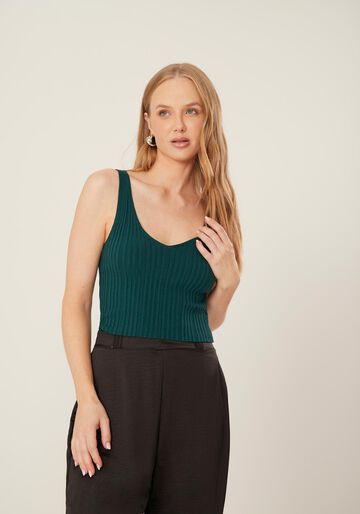 Blusa Cropped De Alças Com Decote Em V Em Malha De Tricô, VERDE CERES. Blusa Cropped De Alças Com Decote Em V Em Malha De Tricô, VERDE CERES, large.