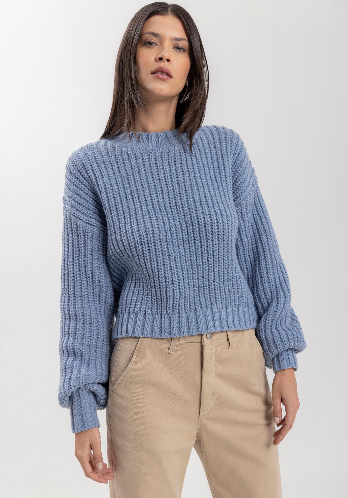 Blus&atilde;o Curto De Mangas Longas Com Punhos Ajustados Em Tric&ocirc;, , large.