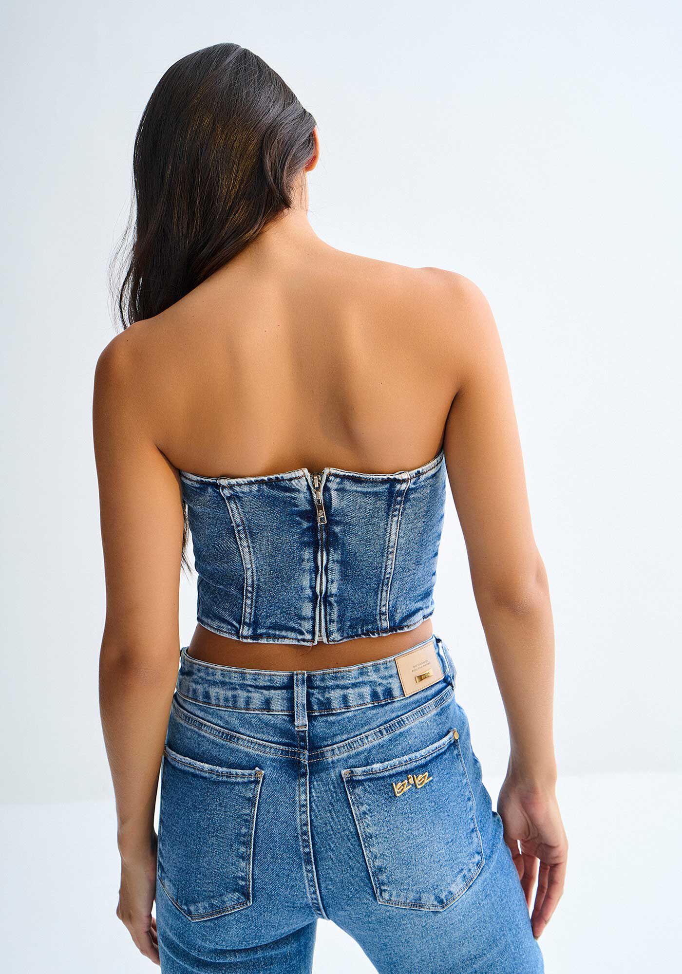 Top Jeans Cropped Tomara que Caia com Elasticidade, JEANS, large.