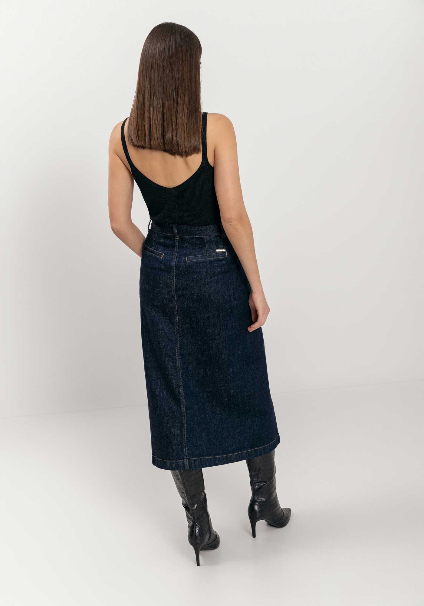 Saia Jeans Ch&aacute; Com Cintura Alta E Cinto, JEANS, large.