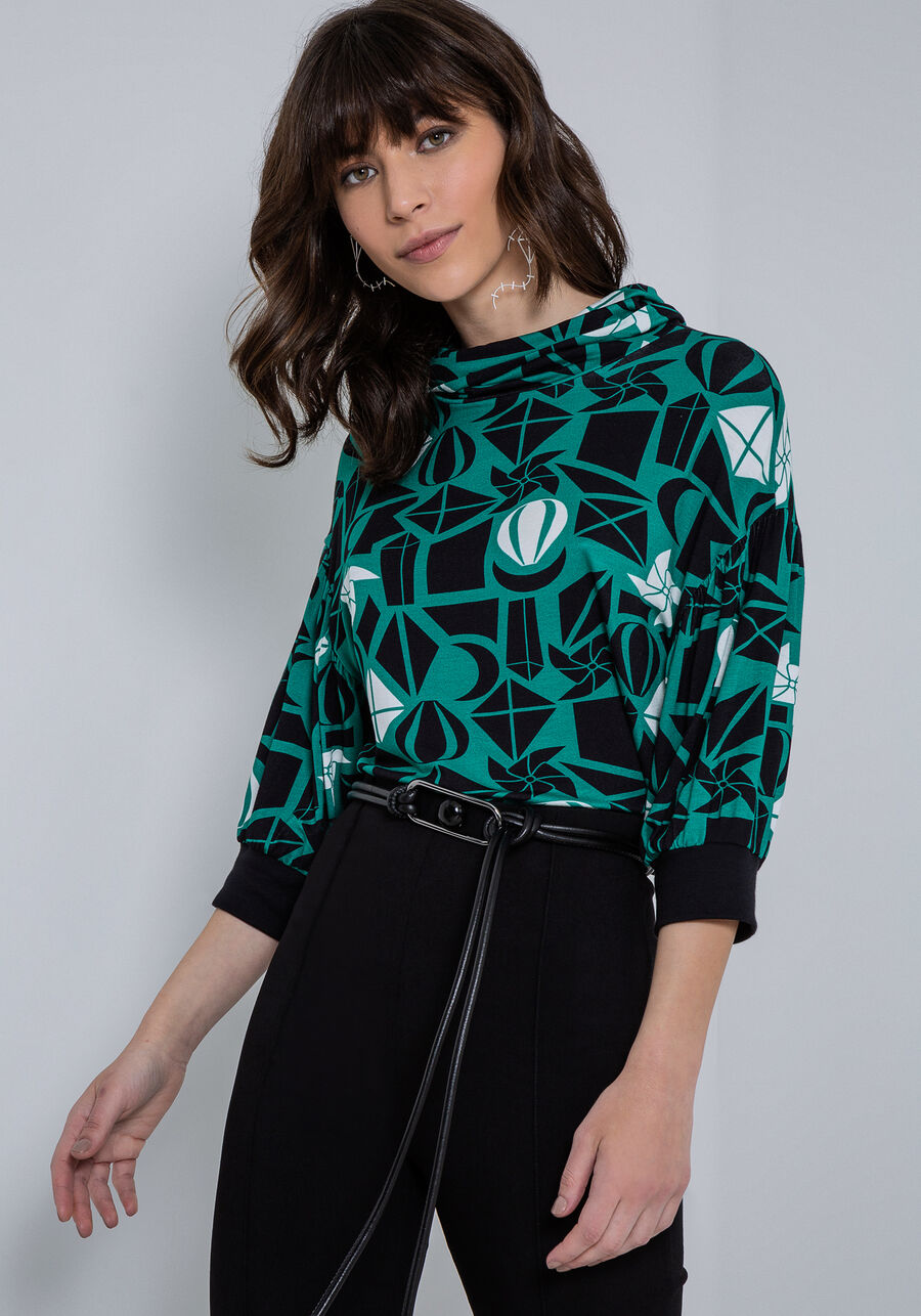 Blusa Manga 3/4 em Malha Estampada com Gola, FRAGMENTOS DE SONHOS. Blusa Manga 3/4 em Malha Estampada com Gola, FRAGMENTOS DE SONHOS, large.