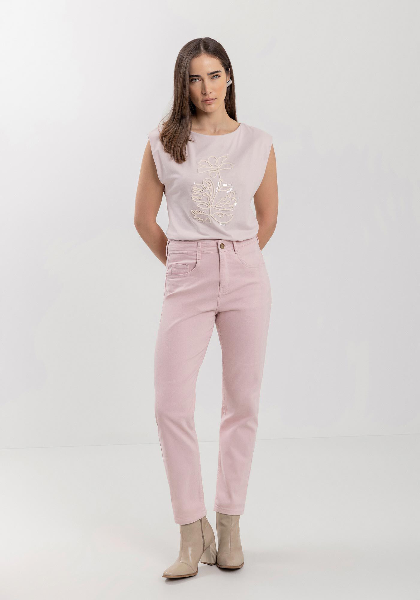 Cal&ccedil;a Mom De Cintura Alta Em Sarja Com Elastano, , large.