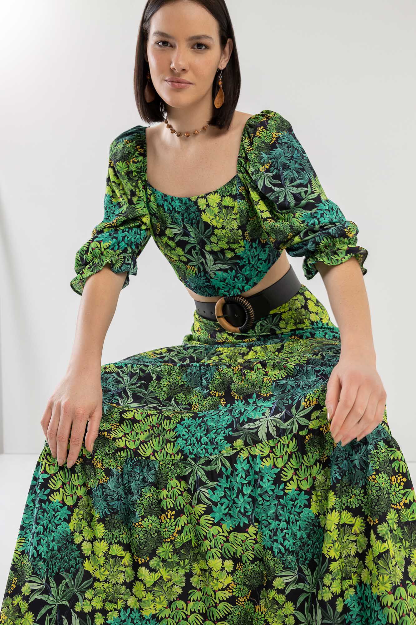 Saia Longa Estampada em Viscose com Babados Lez a Lez