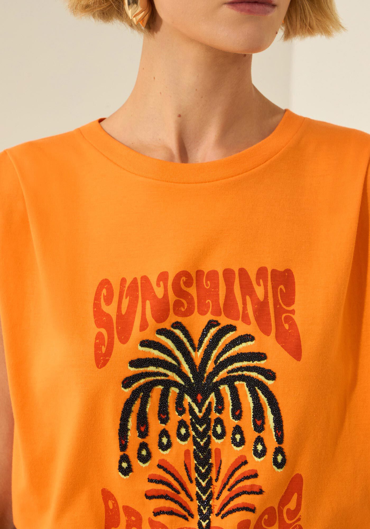 T- shirt De Algod&atilde;o Penteado Com Estampa Localizada, LARANJA SUMMERTIME, large.