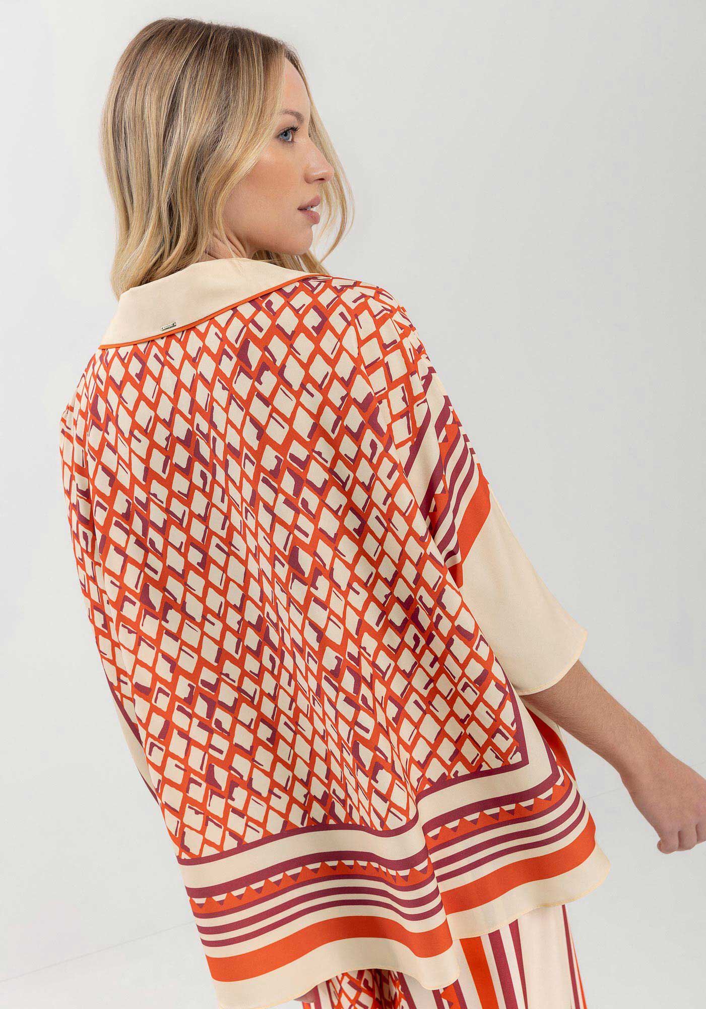 Camisa Estampada Overshirt Com Mangas 3/4, CONTINUOUS LARANJA, large.