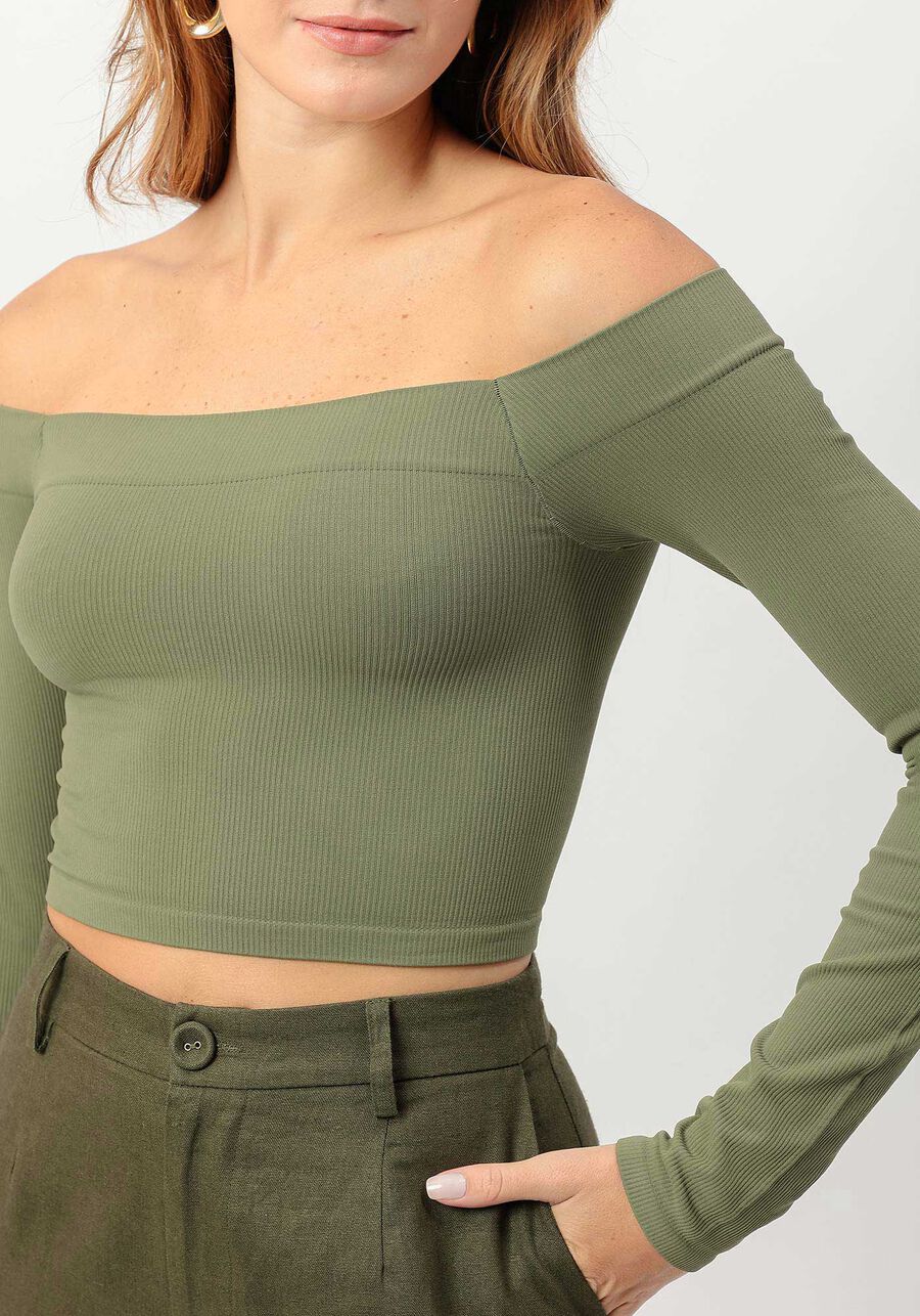Blusa Manga Longa com Decote Ombro a Ombro, . Blusa Manga Longa com Decote Ombro a Ombro, , large.