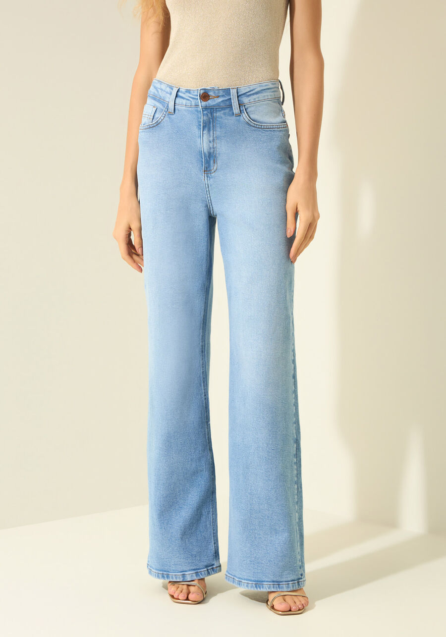 Calça Jeans Wide Leg Com Elastano E Cintura Alta, JEANS CLARO. Calça Jeans Wide Leg Com Elastano E Cintura Alta, JEANS CLARO, large.