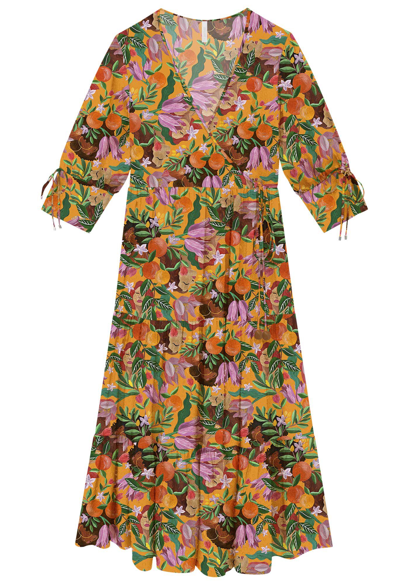 Vestido Midi Manga 3/4 em Viscose Transpassado, , large.