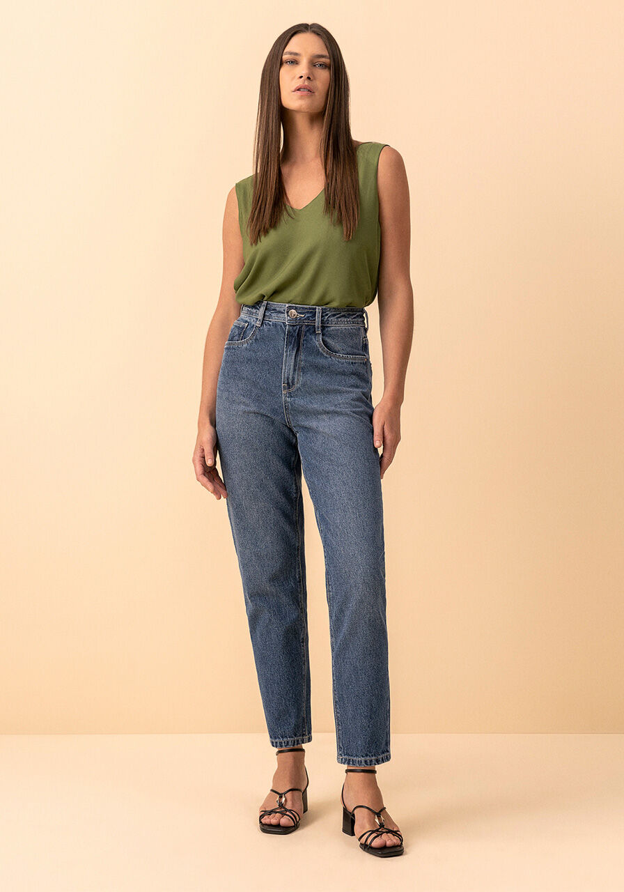 Cal&ccedil;a Jeans Mom De Cintura Alta Com Bolsos E Passantes, JEANS, large.