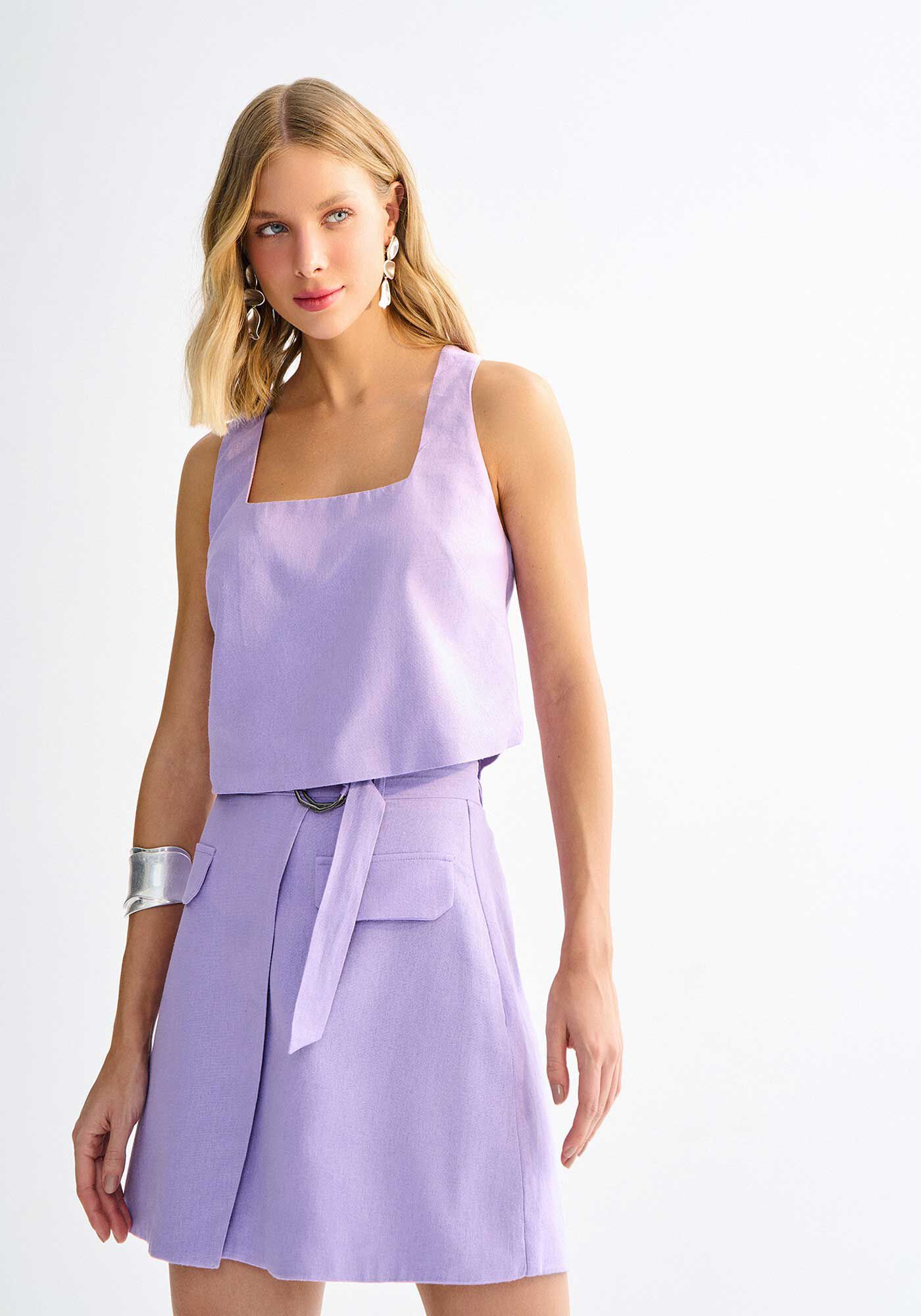 Blusa Cropped em Linho com Decote Quadrado, , large.