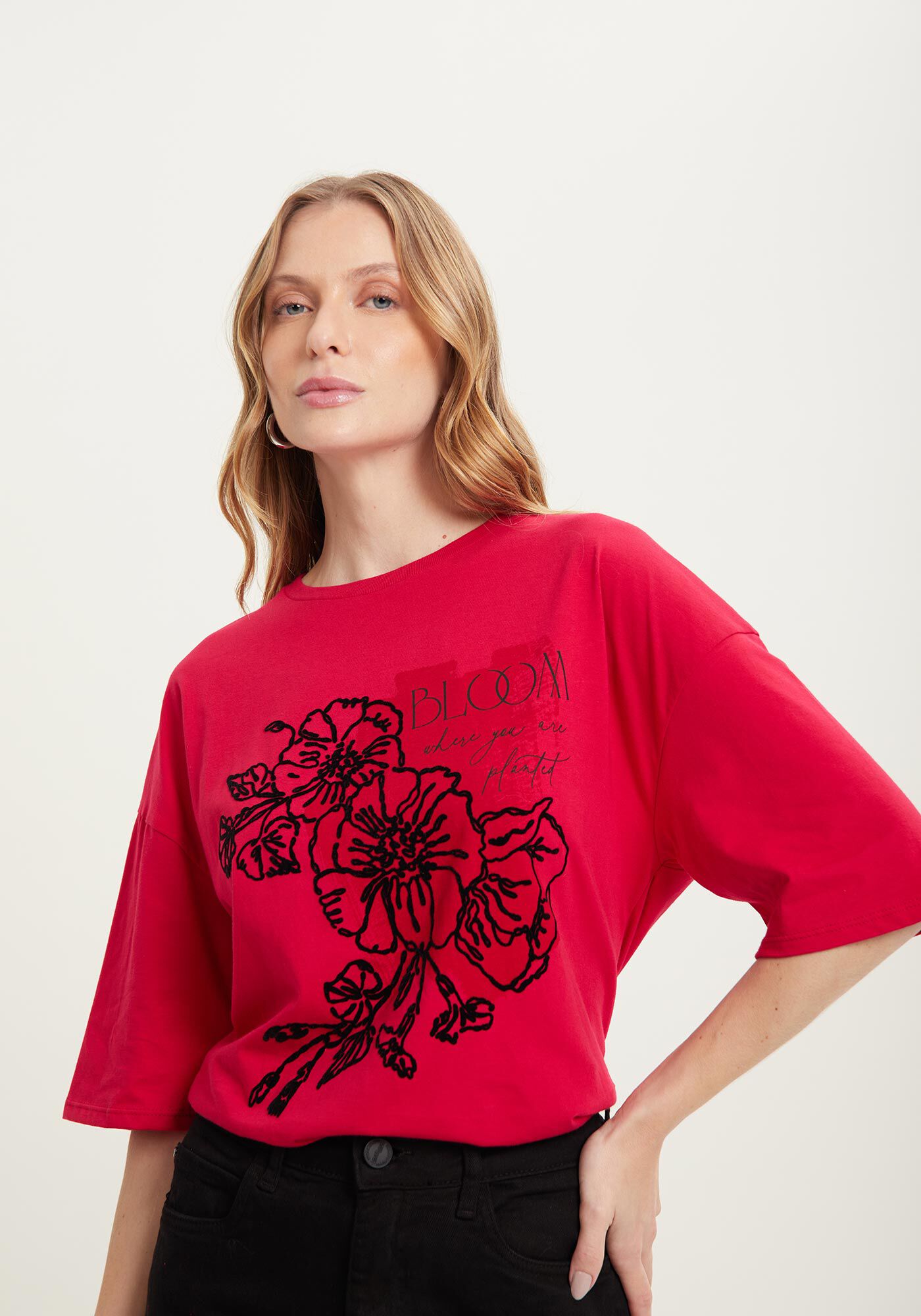 Blusa T-shirt Com Estampa Em Malha De Algod&atilde;o Penteado, VERMELHO PASSION, large.