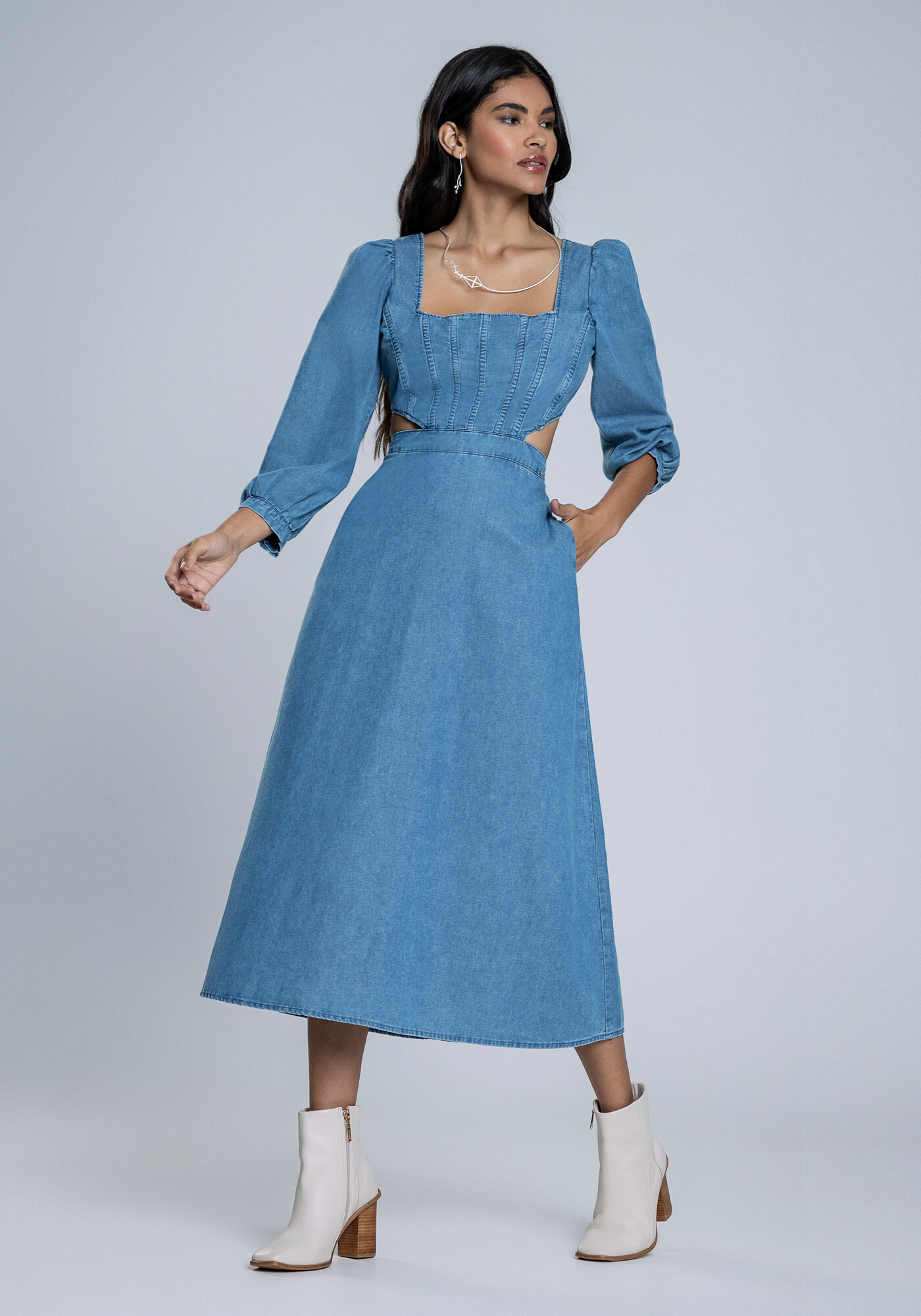 Vestido Midi em Jeans e Recorte Cintura, JEANS, large.