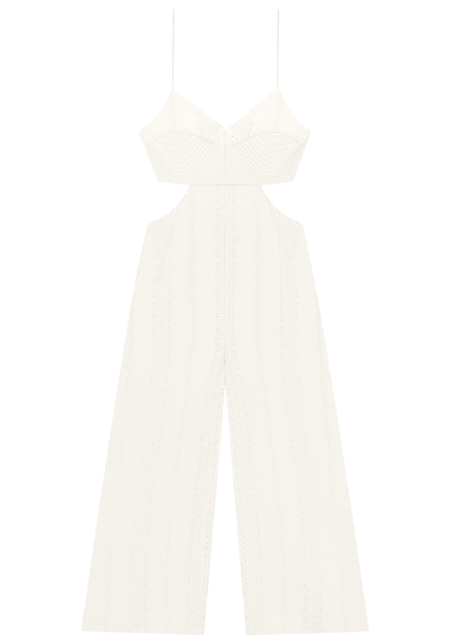 Macacão Midi em Tecido Bordado com Cut Out, BRANCO OFF WHITE. Macacão Midi em Tecido Bordado com Cut Out, BRANCO OFF WHITE, large.