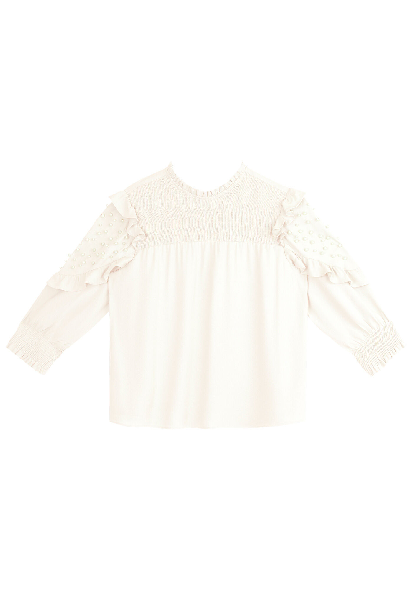 Blusa Manga 3/4 em Crepe com Babado e P&eacute;rolas, , large.