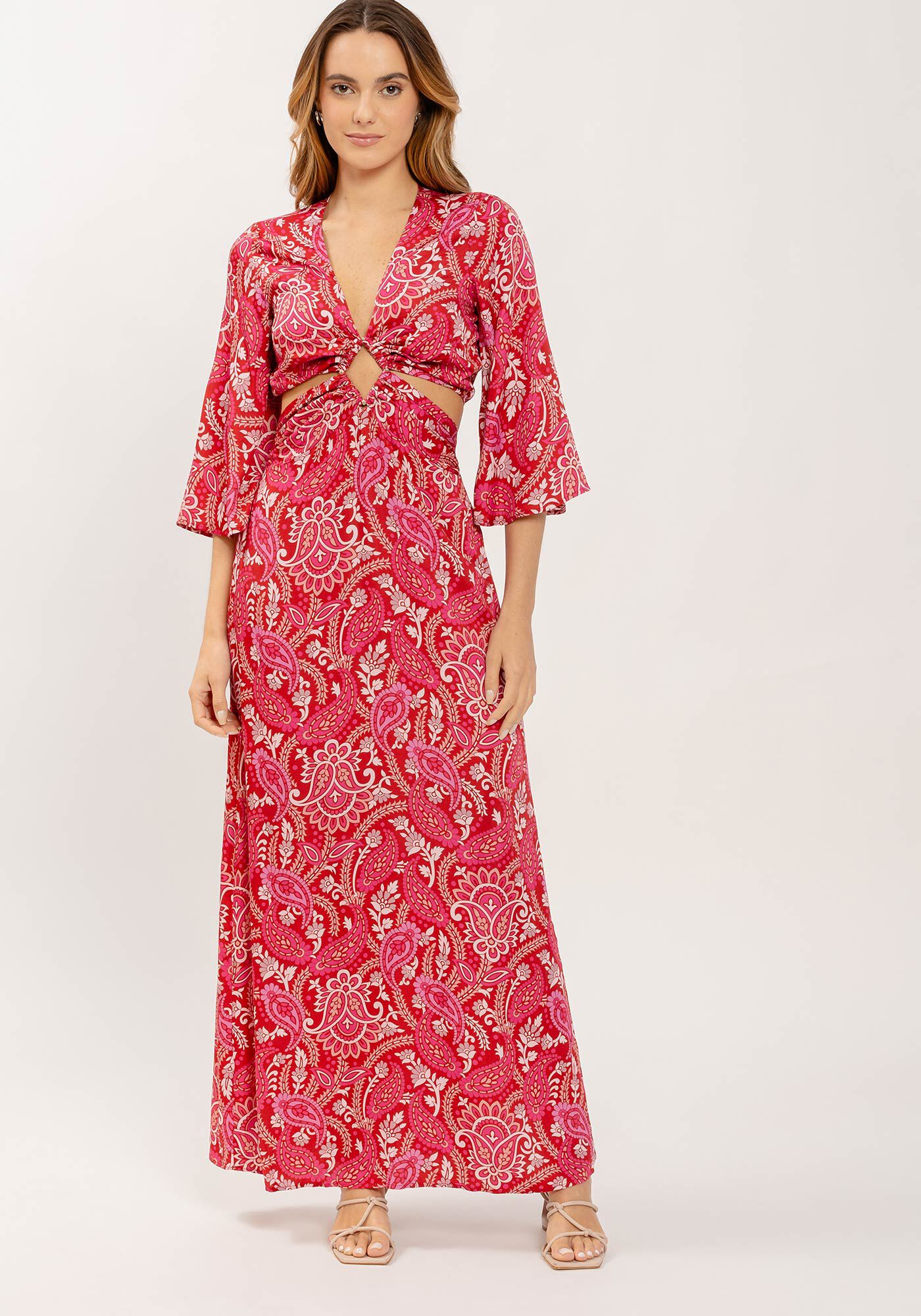 Vestido Midi Ch&aacute; Estampado com Cut Out, , large.