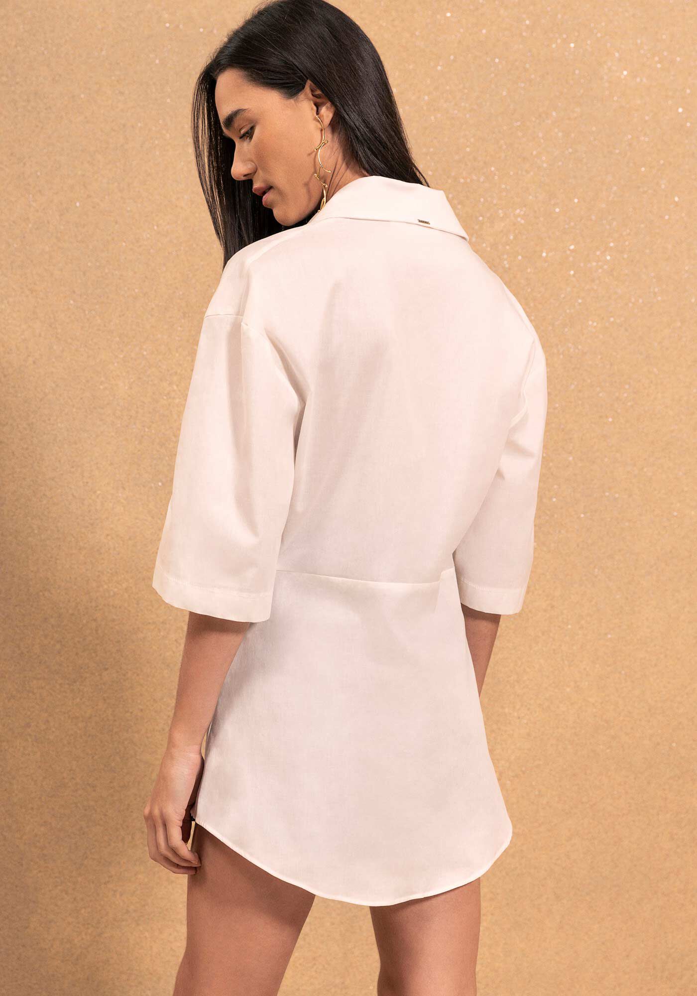 Camisa Alongada De Mangas Curtas Em Tricoline, BRANCO, large.