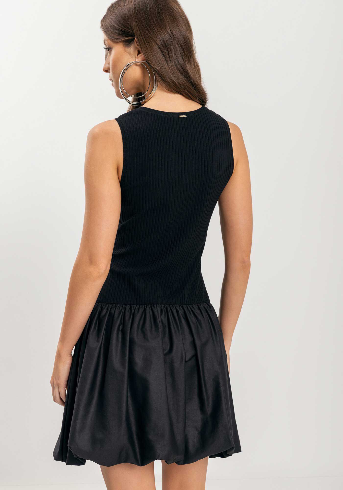 Vestido Curto Balon&ecirc; Em Malha Canelada E Tafet&aacute;, PRETO, large.