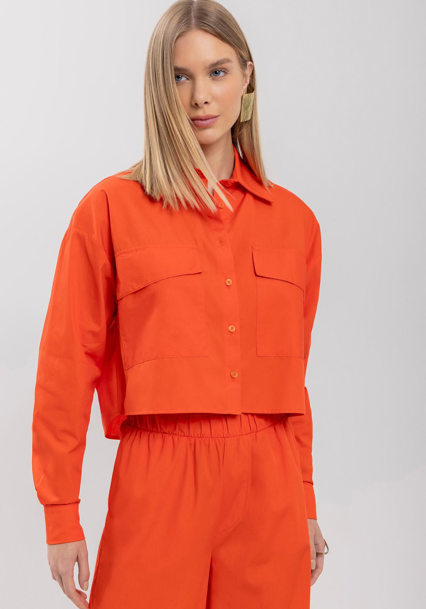 Camisa Curta Em Tricoline Com Mangas Longas E Bolsos, LARANJA TOMILHO, large.
