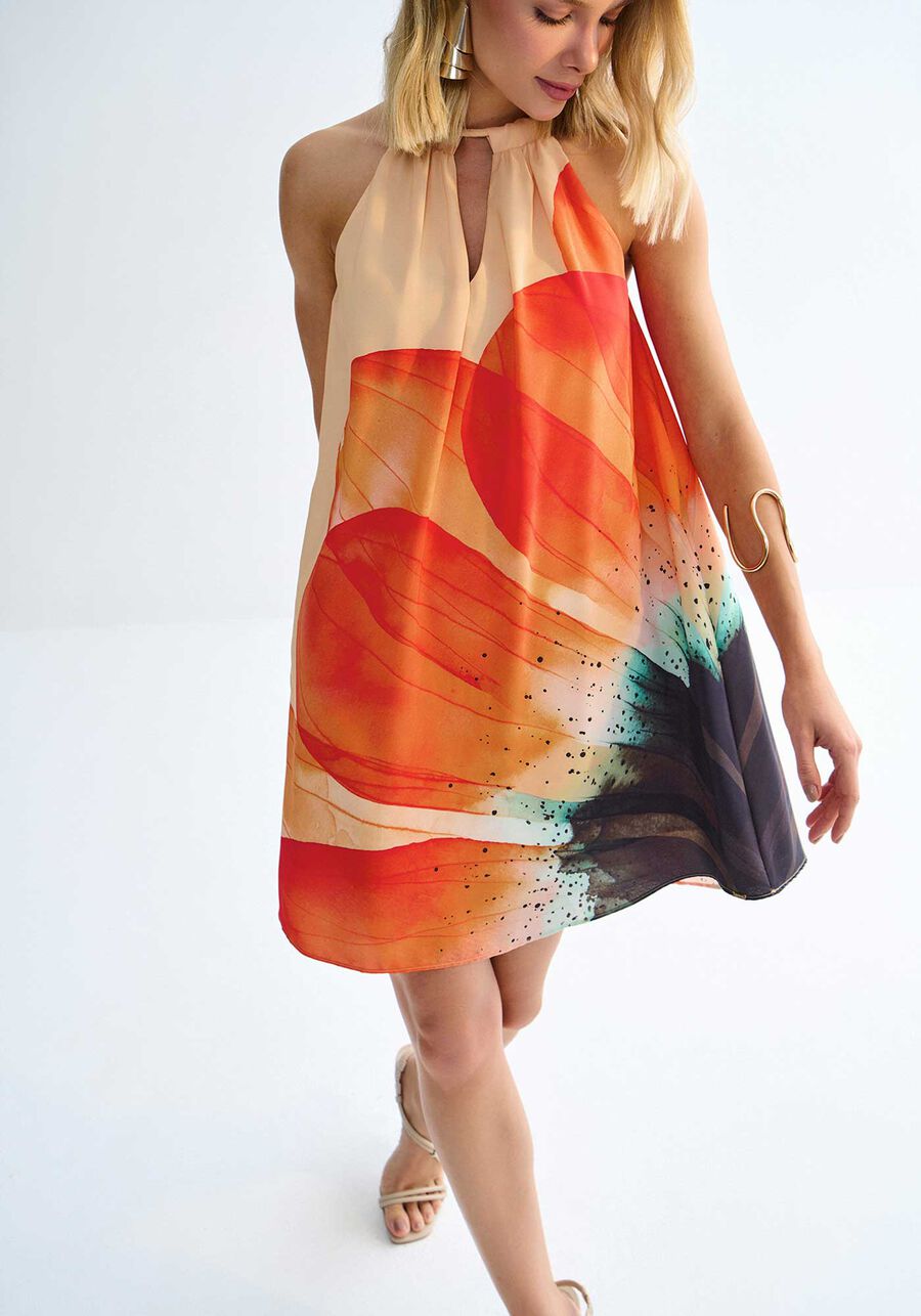 Vestido Curto Amplo com Estampa Blossom, LARANJA PECHE. Vestido Curto Amplo com Estampa Blossom, LARANJA PECHE, large.