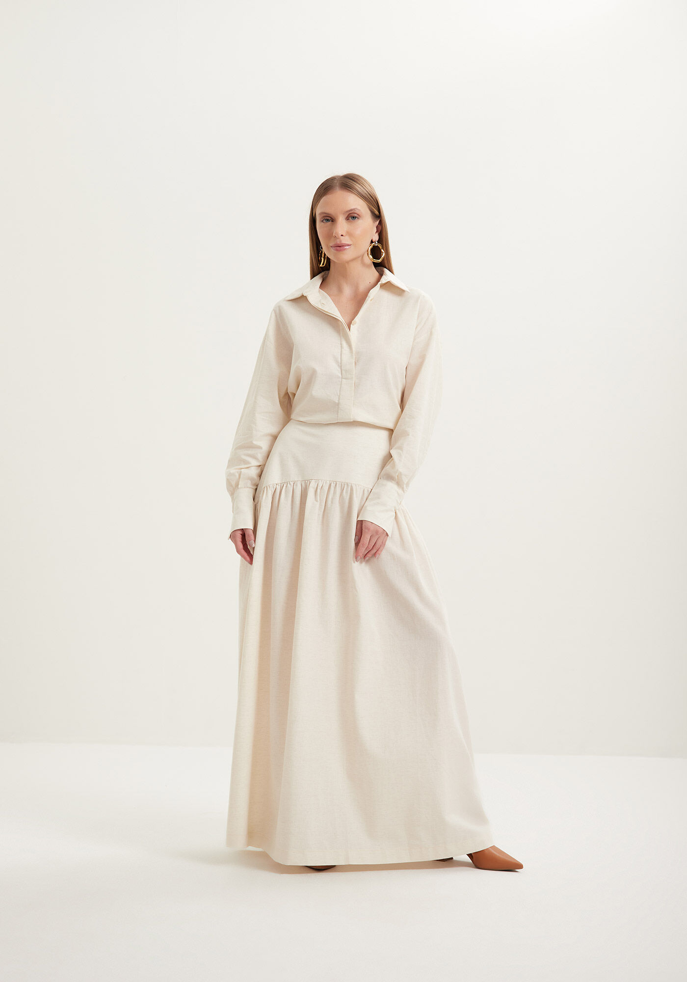 Saia Longa Com Cintura M&eacute;dia Em Algod&atilde;o E Linho, , large.