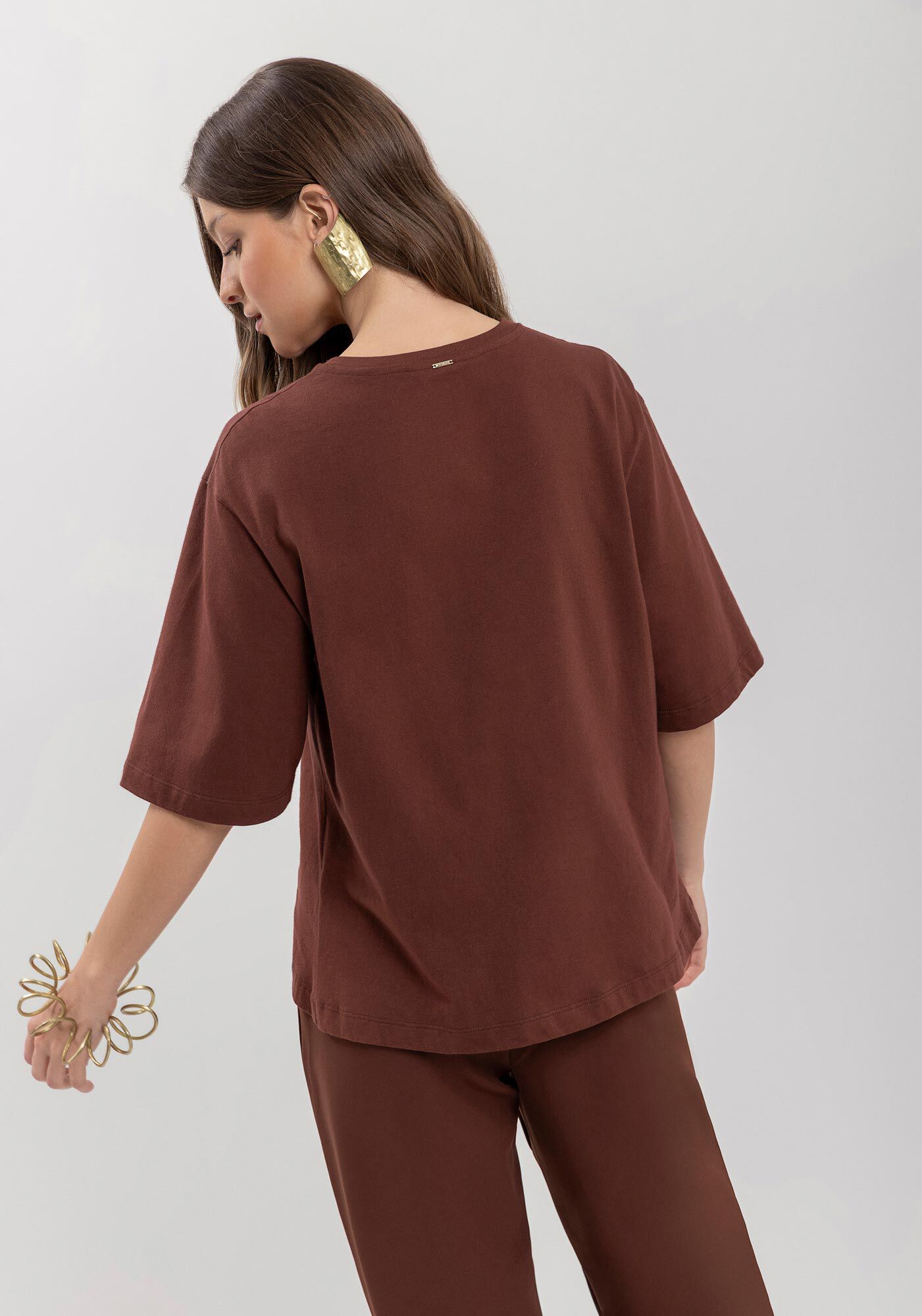 Blusa Em Algod&atilde;o Com Mangas M&eacute;dias E Argola Frontal, , large.