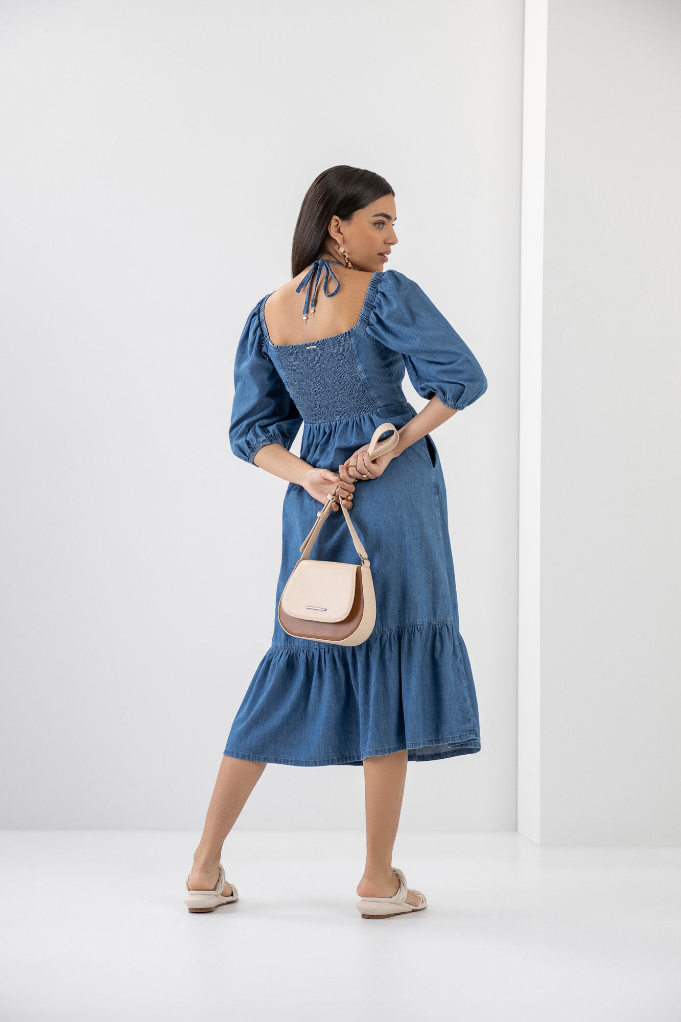 Vestidos jeans midi com manga 2025