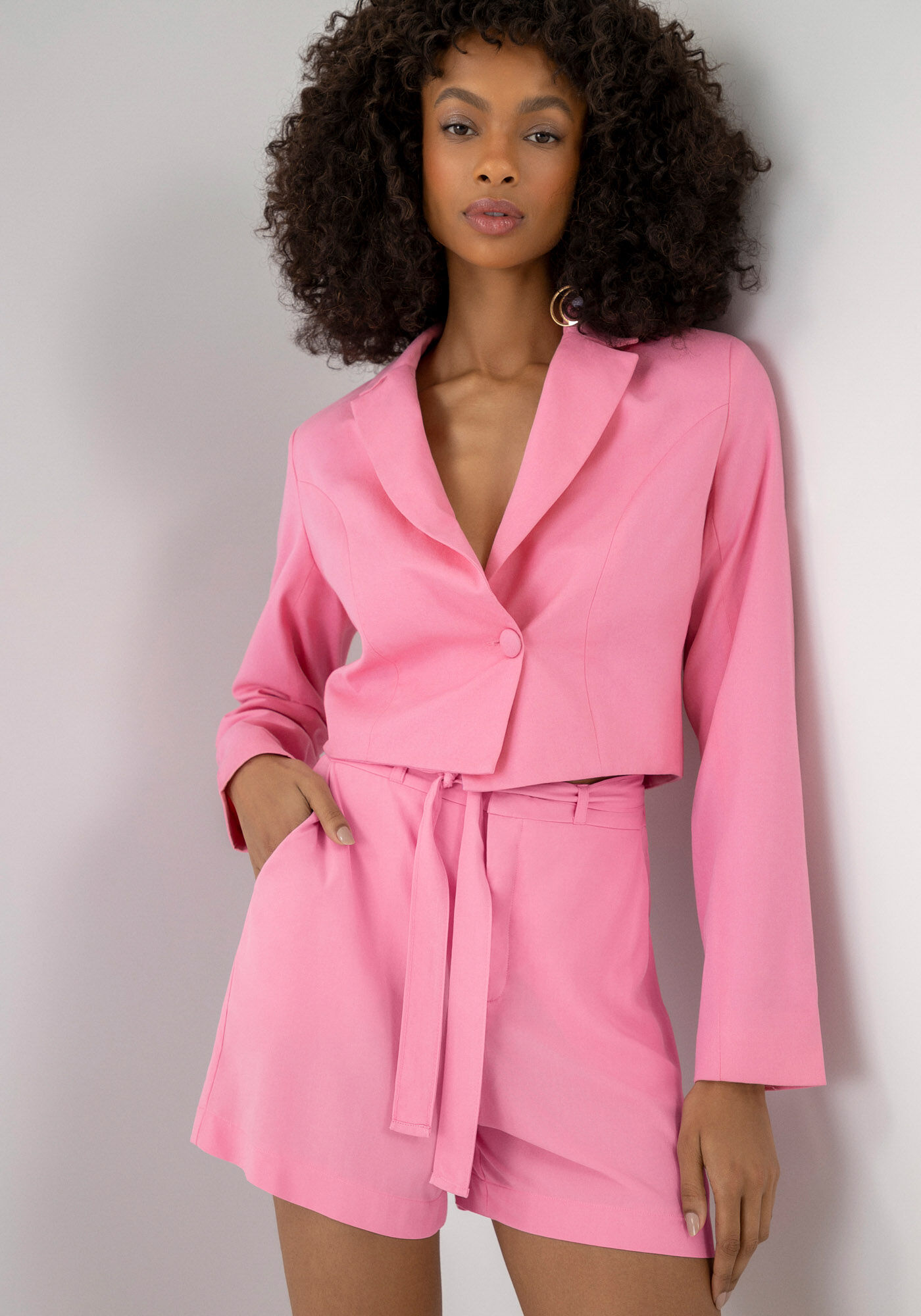 Shorts Cintura Alta em Viscose com Faixa, ROSA FABULOUS, large.