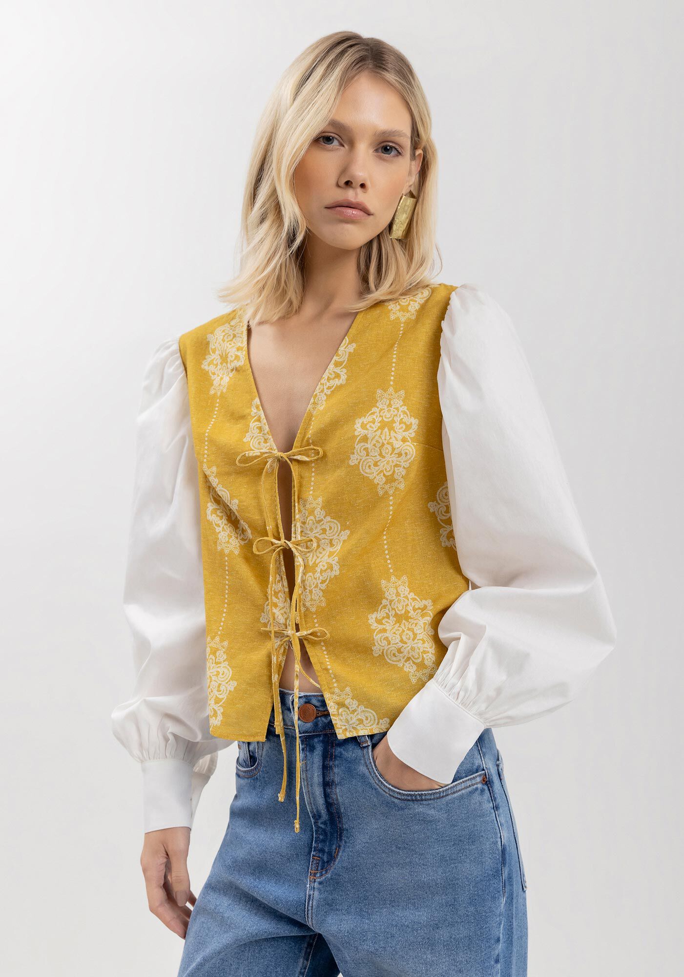 Camisa De Mangas Bufantes Com Amarra&ccedil;&otilde;es Frontais, , large.