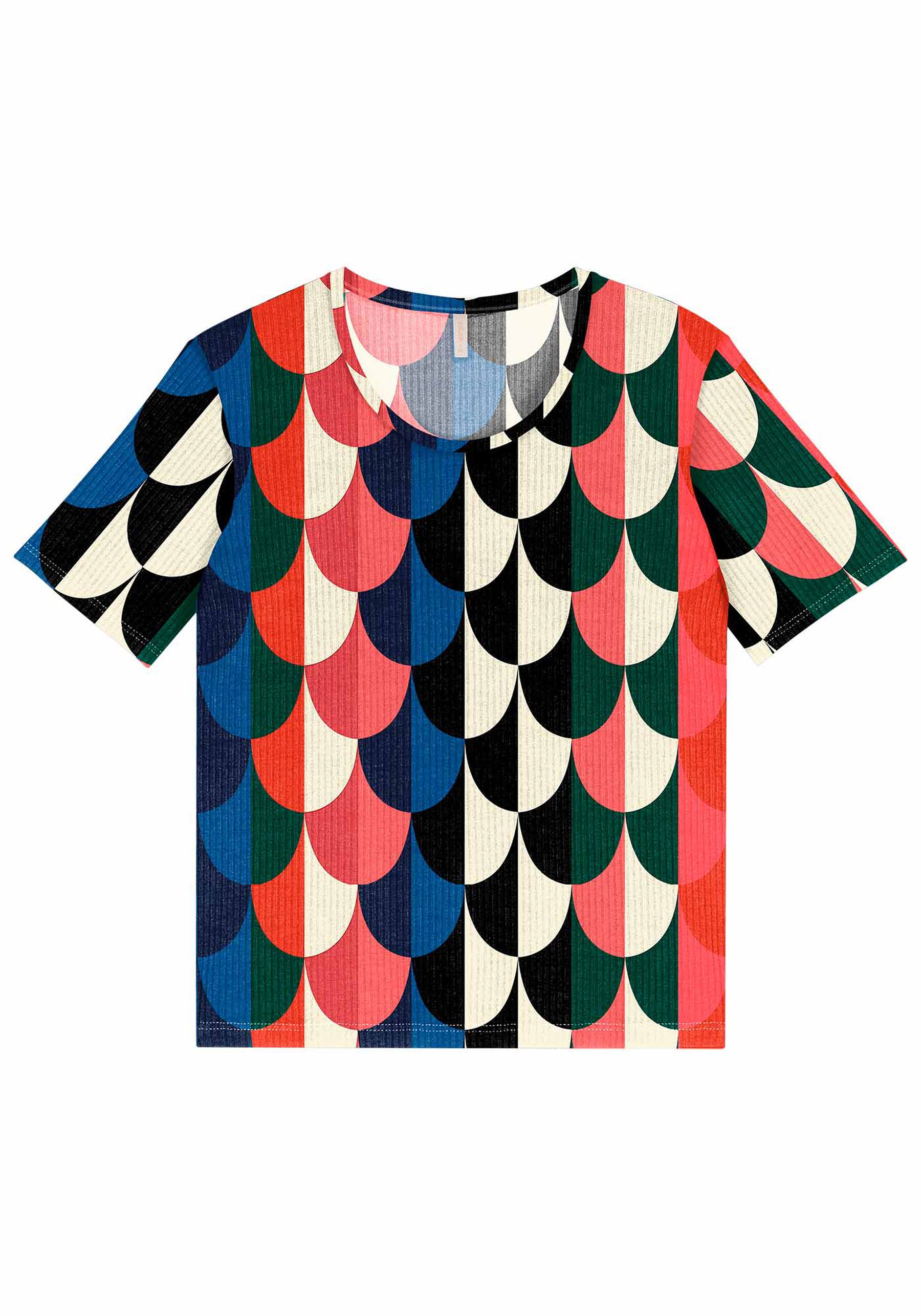 Blusa Estampada Canelada com Manga Curta, . Blusa Estampada Canelada com Manga Curta, , large.
